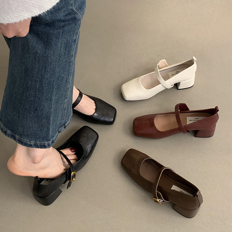 复古方头浅口粗跟单鞋女春秋新款法式晚风仙女软皮玛丽珍小皮鞋子,淘宝优惠券,粉丝福利购,淘宝优惠卷