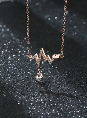 s925纯心电图项链女锁骨链创意个性心动满钻吊坠时尚百搭送礼