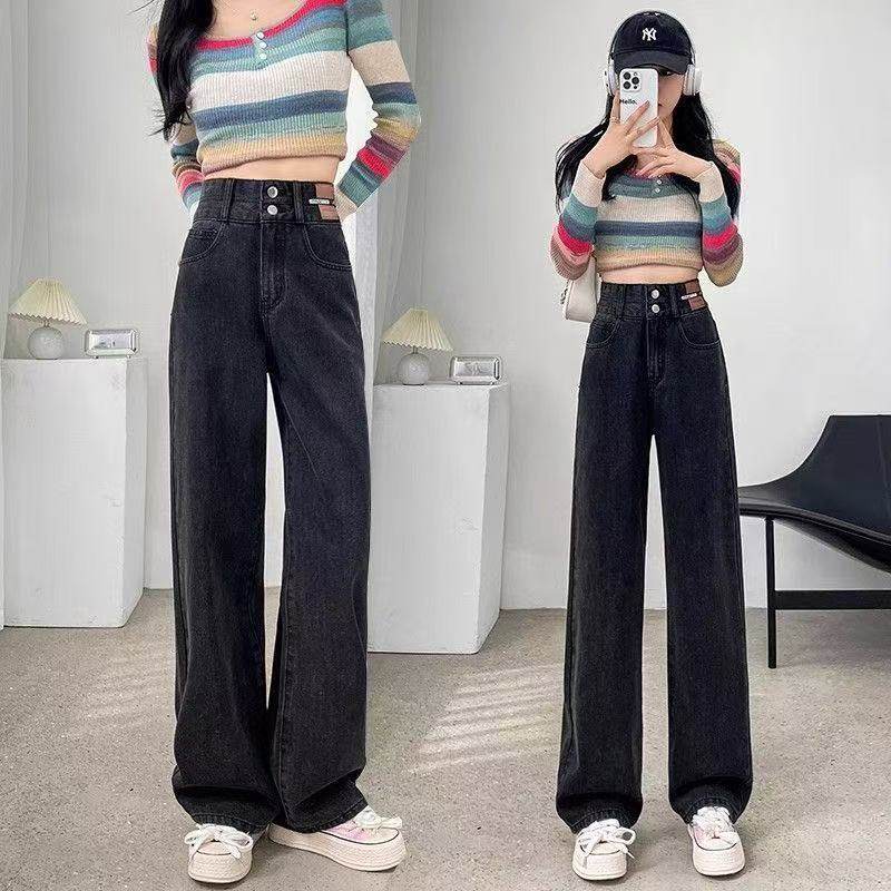 大码复古蓝直筒牛仔裤女宽松阔腿高腰双扣收腹窄版垂感梨型长裤子,淘宝优惠券,粉丝福利购,淘宝优惠卷