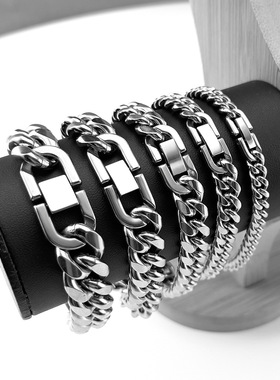 时尚不锈钢古巴链钛士粗款男钢珠简扣H手链潮嘻哈宝约个性ins配饰