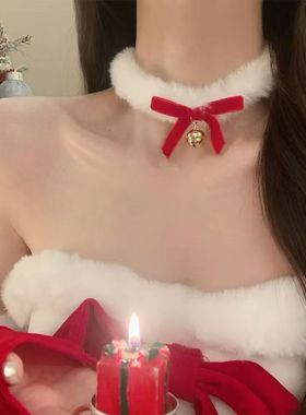 2026新年可爱少女毛绒项链甜美红色蝴蝶结铃铛choker项圈锁骨链