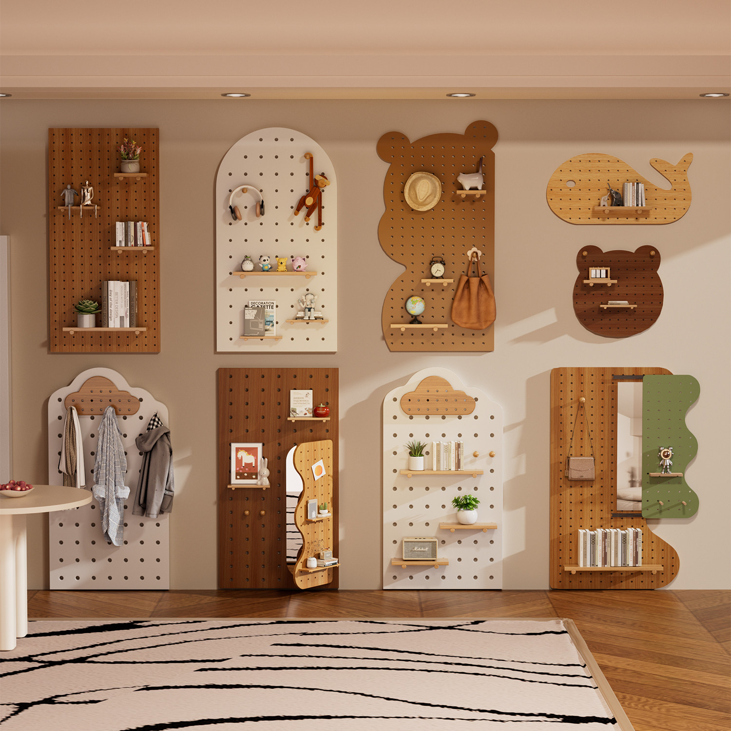 Living room bedroom entry solid wood hole board multifunctional storage rack shape wall storage display rack partition