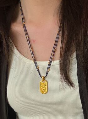 藏蓝色手工编绳点钻骏马椭圆牌吊坠项链高级感百搭色毛衣链女