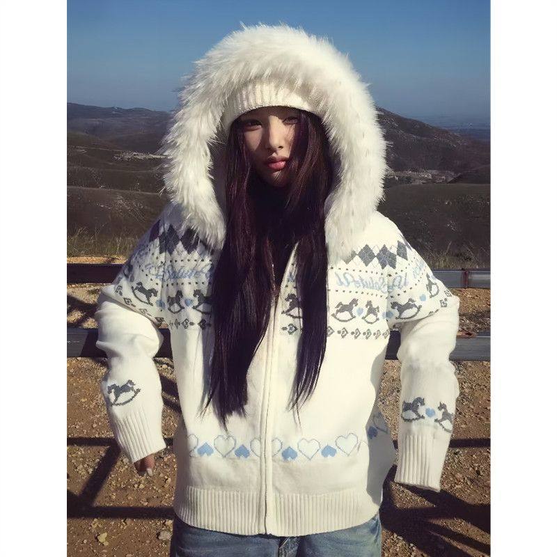 美式潮牌连帽毛衣女秋冬费尔岛白色毛领宽松大码内搭撞色针织开衫,淘宝优惠券,粉丝福利购,淘宝优惠卷