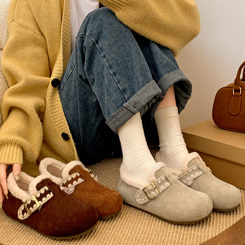 复古白色加绒加厚保暖平底棉鞋女2025新款冬季一脚蹬软底勃肯鞋子,淘宝优惠券,粉丝福利购,淘宝优惠卷