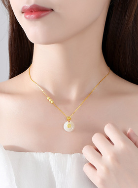 新中式平安万福项链女S925纯银天然和田玉吊坠国潮复古高级锁骨链