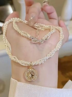 法式双层满天星麻花项链2025新款千金感设计高级八芒星罗盘毛衣链