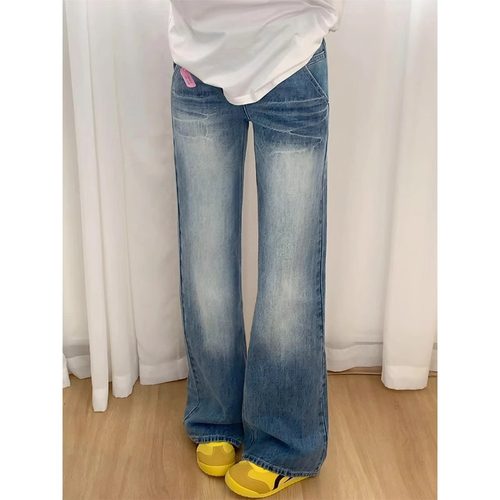 美式复古辣妹低腰微喇直筒牛仔裤女小个子大码百搭阔腿垂感拖地裤 - 图1