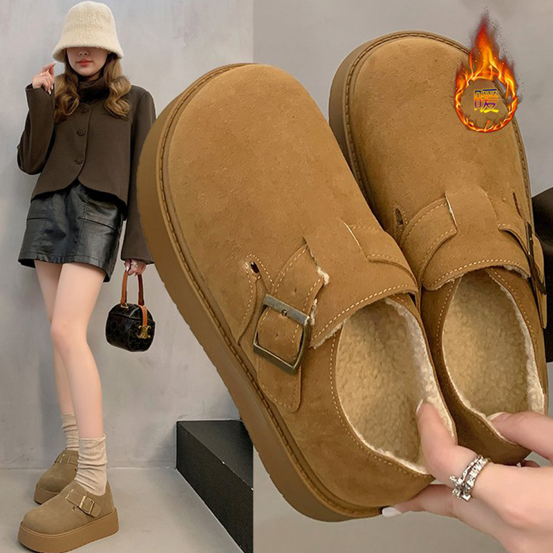 勃肯鞋女单鞋加绒2025年秋冬新款厚底小个子一脚蹬乐福鞋毛绒百搭 - 图0