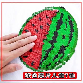 Sequined strawberry watermelon coloring children's pure cotton-sleeved T-shirt boys and girls summer clothes 2024 new round neck