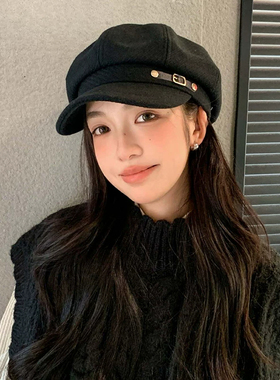 贝雷帽女秋冬季2026新款大头围复古英伦风八角帽子素颜百搭画家帽