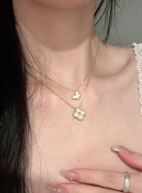 轻奢单花四叶草项链女小众锁骨链吊坠礼物白金贝母玫瑰金黄金手链