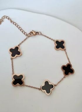 童锦程同款手链男女Ins时尚轻奢钛钢18K玫瑰金色四叶草手镯饰品潮