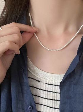 简约百搭拉丝爱心珍珠叠戴项链女轻奢小众高级感锁骨链银白色颈链