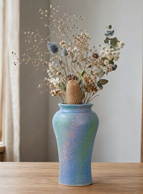 星点蓝陶瓷花瓶手工彩绘插花花器仿真郁金香家居书房餐桌装饰摆件