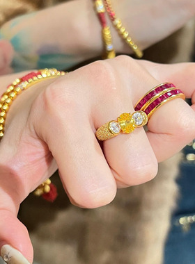 925轻奢高级双子星鸽子蛋黄钻戒指百搭时尚设计感气质复古食指戒