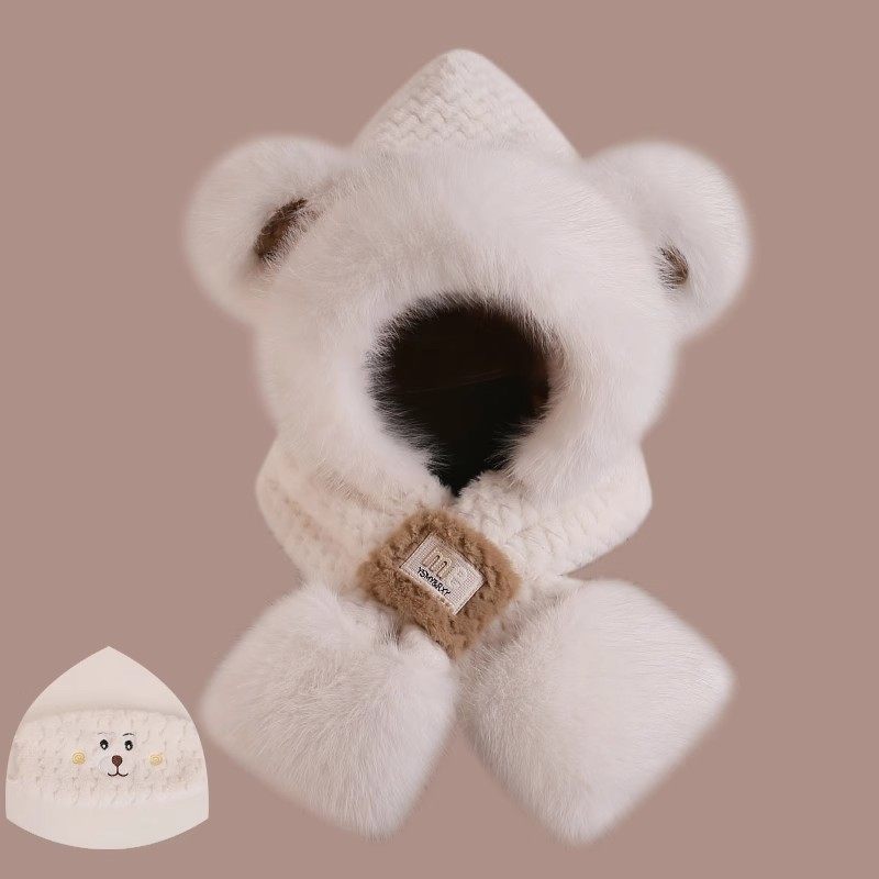 可爱小熊帽子围巾一体女新款秋冬季加绒围脖防寒保暖护耳帽红色,淘宝优惠券,粉丝福利购,淘宝优惠卷