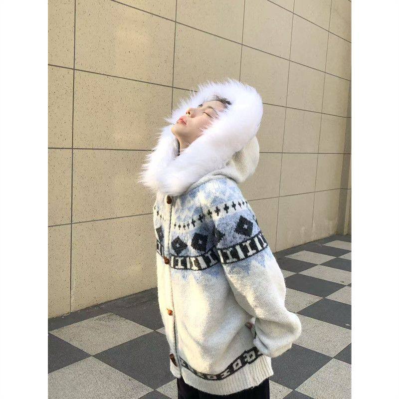 费尔岛可拆卸毛领连帽毛衣女秋冬高级感宽松大码内搭针织开衫,淘宝优惠券,粉丝福利购,淘宝优惠卷