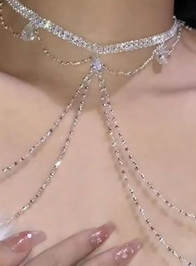 闪钻水滴锆石流苏胸链晚宴肩链项链身体链水钻链条女配饰礼服装饰