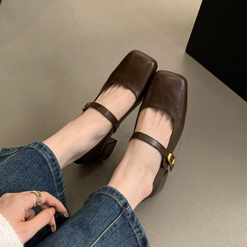 复古方头浅口粗跟单鞋女春秋新款法式晚风仙女软皮玛丽珍小皮鞋子,淘宝优惠券,粉丝福利购,淘宝优惠卷