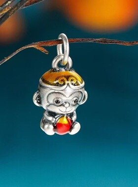 999足银小猴子孙悟空戴金箍猴吊坠纯银项链儿童宝宝项坠生日礼物