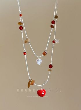 穿搭tips 红色苹果串珠项链秋冬高级感毛衣链设计感多层叠戴配饰