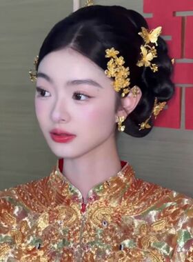 新娘金色花朵发梳秀禾喜庆头饰侧边龙凤褂旗袍配饰百搭女中式婚礼