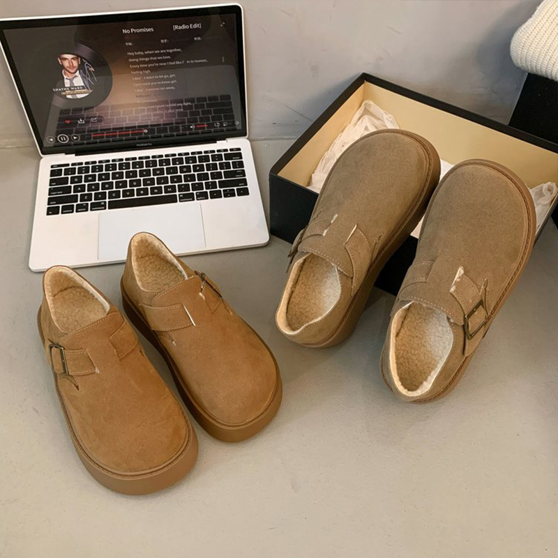 勃肯鞋女单鞋加绒2025年秋冬新款厚底小个子一脚蹬乐福鞋毛绒百搭 - 图1