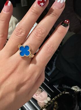 原单高定品质红玛瑙双面四叶草戒指紫玉髓蓝玛瑙灰贝母可翻转镭射