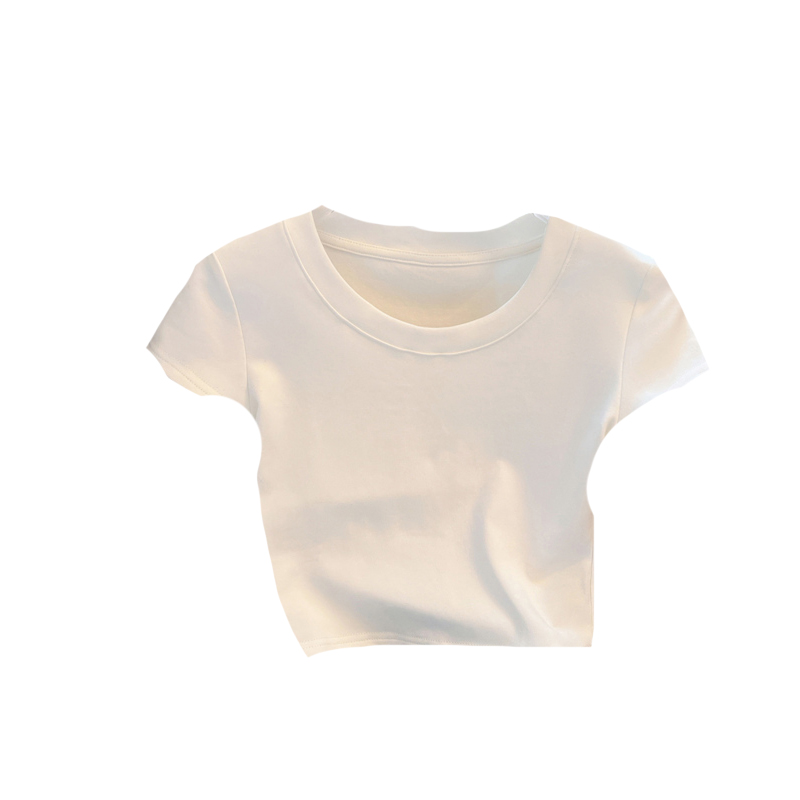 白色短袖t恤女装夏季新款正肩修身独特短款上衣纯棉高腰露脐印花-图3