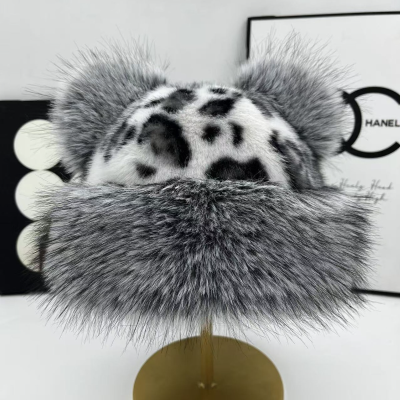 复古豹纹毛绒耳朵渔夫帽男女款秋冬仿皮草加厚保暖盆帽时尚百搭帽,淘宝优惠券,粉丝福利购,淘宝优惠卷