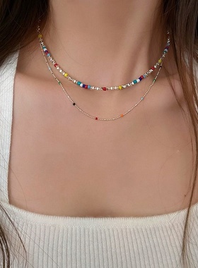 轻奢串珠碎银子项链夏季彩色小众女款锁骨链颈链高级感配饰七夕