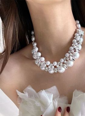 重工轻奢风不规则串珠闪钻choker项链小众时尚大气锁骨毛衣链法式