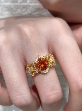中古vintage显白橙色锆石镂空点钻戒指精致轻奢指环