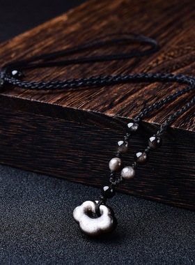 天然黑曜石银曜石小祥云吊坠