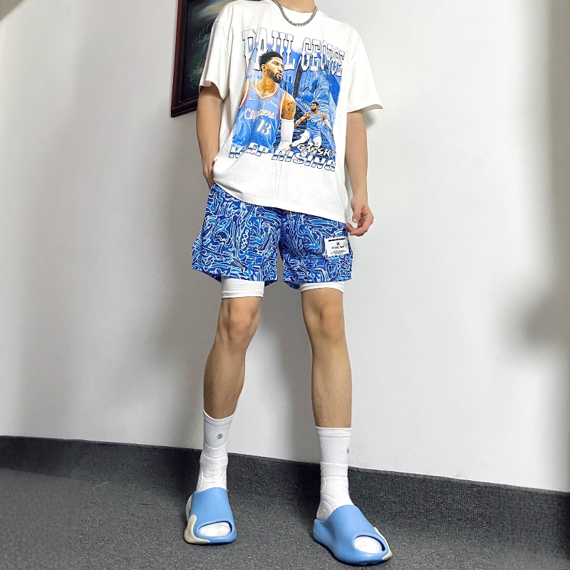 新款美式涂鸦复古短裤夏季不过膝运动休闲速干透气四分篮球裤潮牌 - 图1