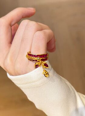 独家制作!新年鸽血红色流苏爱心宽版戒指个性独特百搭时尚指环女