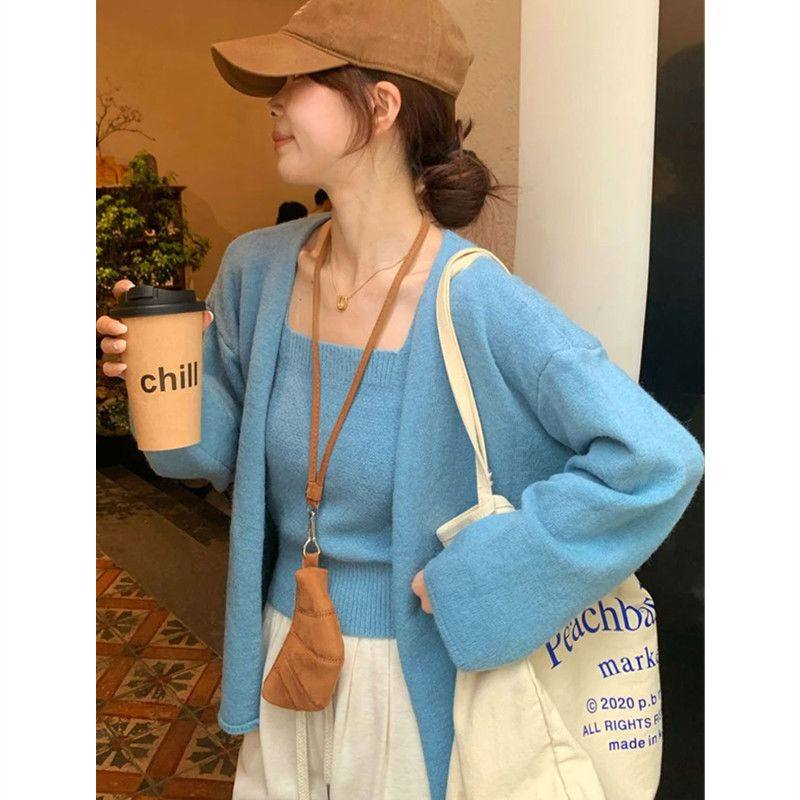 蓝色两件套长袖软糯针织开衫女秋2026新款大码内搭毛衣外套上衣,淘宝优惠券,粉丝福利购,淘宝优惠卷