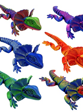 3D打印关节可动风扇蜥蜴渐变炫彩配色解压桌面摆件仿真纹理拉满