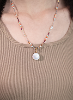 巴洛克淡水珍珠彩色天然石串珠项链新中式国风精致时尚饰品