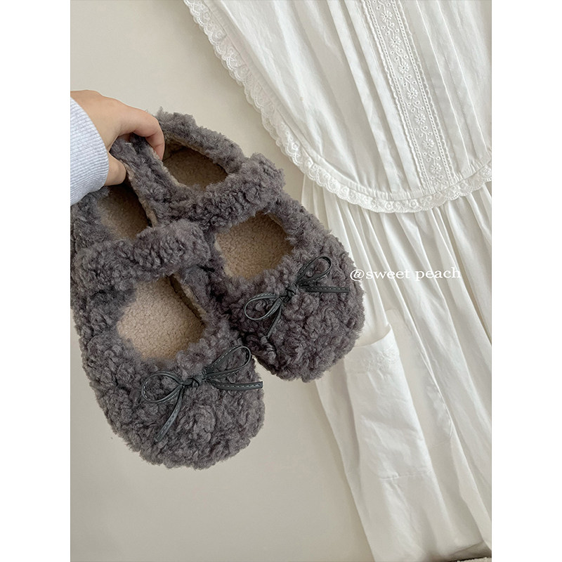 甜桃星球蝴蝶结加绒毛毛鞋女冬外穿2025新款保暖平底玛丽珍棉鞋子,淘宝优惠券,粉丝福利购,淘宝优惠卷