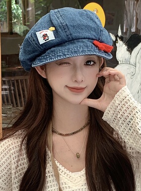 韩版猫标牛仔贝雷帽子女春秋新款时尚八角帽显脸小画家帽可折叠