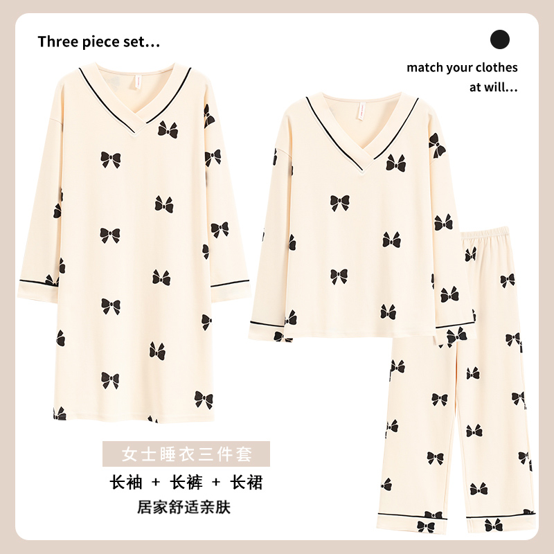 三件套睡衣女款2025新款春秋款针织高级感睡裙套装家居服休闲贴身 - 图2