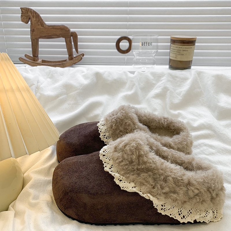 内增高花边勃肯鞋加绒毛毛棉拖鞋女外穿2025冬季新款厚底包头半拖 - 图1