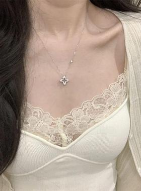 s925纯银四叶草2025年拉丝新款吊坠项链女银色锁骨链轻奢黄金镂空