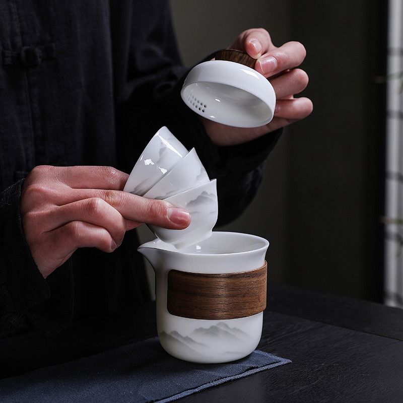 便携式旅行茶具小套装车载一人户外露营泡茶陶瓷快客杯一壶三杯-图0