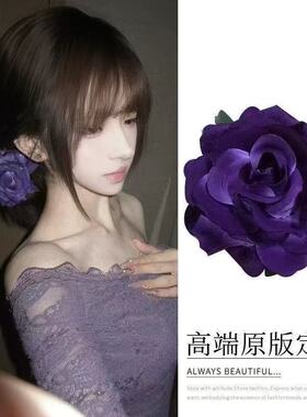 紫色蕙兰花发夹女侧边春季仿真发饰海边度假纯欲花朵头饰发卡玫瑰