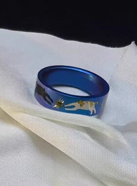 vintager中古【双猫摘星】宽面炫彩蓝戒指星芒食指戒小众设计感
