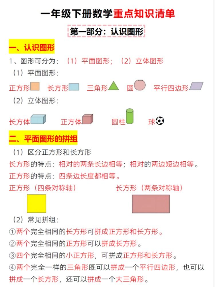 一年级下册数学每单元考点汇总必备知识点部编人教版课本同步总复习重点知识清单老师推荐一年级下册易错重点知识汇总每日一背 - 图0