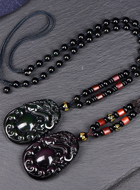 天然彩虹眼黑曜石龙珠貔貅